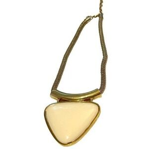 Vintage Joan Rivers Statement Mesh Necklace Cream Triangle Pendant‎ Gold Tone